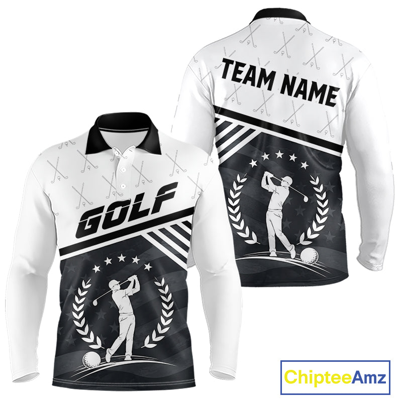 Golf team wearing matching black white golf player pattern polo shirts, custom name & team name, tailored fit
