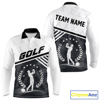 Golf team wearing matching black white golf player pattern polo shirts, custom name & team name, tailored fit
