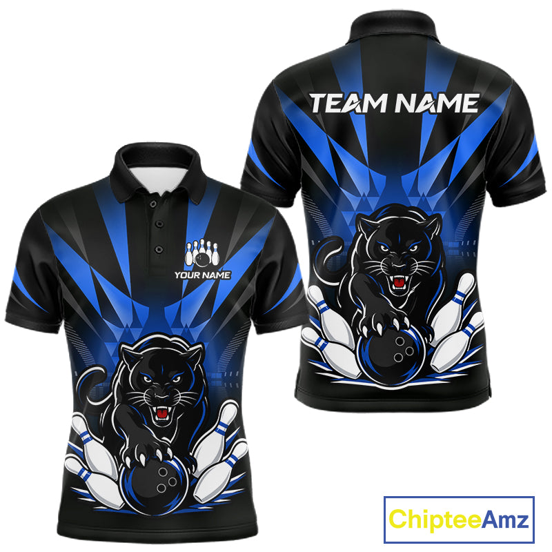 Front and back view of custom black and blue leopard bowling men’s polo team jersey