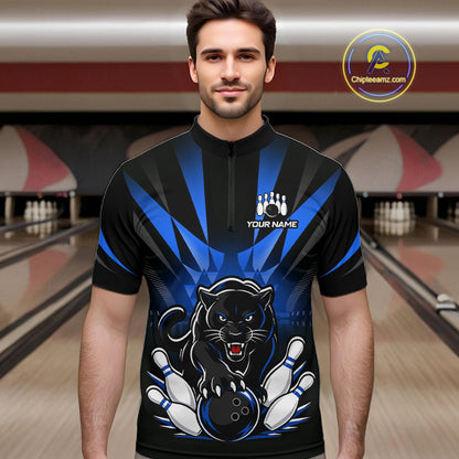 Custom Black And Blue Leopard Bowling Jerseys, Leopard Bowling Team Men Polo & 1/4 Quarter-Zip Shirts NBT914