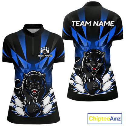 Custom Black And Blue Leopard Bowling Jerseys, Leopard Bowling Team Women Polo & 1/4 Quarter-Zip Shirts NBT914