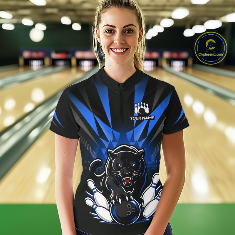 Custom Black And Blue Leopard Bowling Jerseys, Leopard Bowling Team Women Polo & 1/4 Quarter-Zip Shirts NBT914