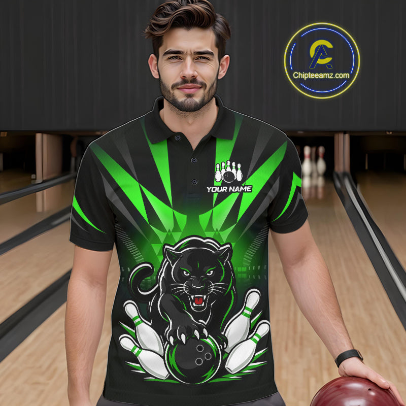 Custom Black And Green Leopard Bowling Jerseys, Leopard Bowling Team Men Polo & 1/4 Quarter-Zip Shirts NBT915