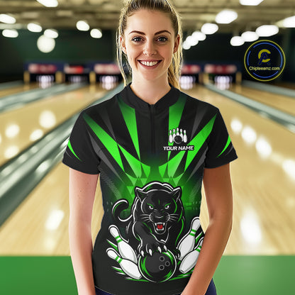 Custom Black And Green Leopard Bowling Jerseys, Leopard Bowling Team Women Polo & 1/4 Quarter-Zip Shirts NBT915