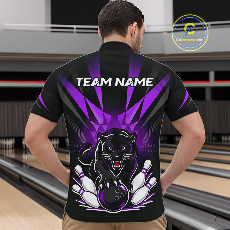 Custom Black And Purple Leopard Bowling Jerseys, Leopard Bowling Team Men Polo & 1/4 Quarter-Zip Shirts NBT916