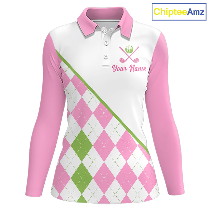 front view funny golf slogan pink argyle long sleeve womens golf polo shirt
