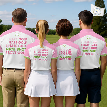 Mens golf polo shirt pink argyle patterm with custom player name and team – back view variant