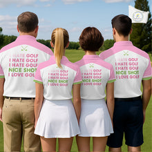 Load image into Gallery viewer, Mens golf polo shirt pink argyle patterm with custom player name and team – back view variant