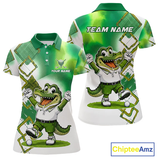 Funny Alligator Womens Golf Polo Shirt Custom Name, Team Golf Shirts, Golf Gifts | Green NBT839