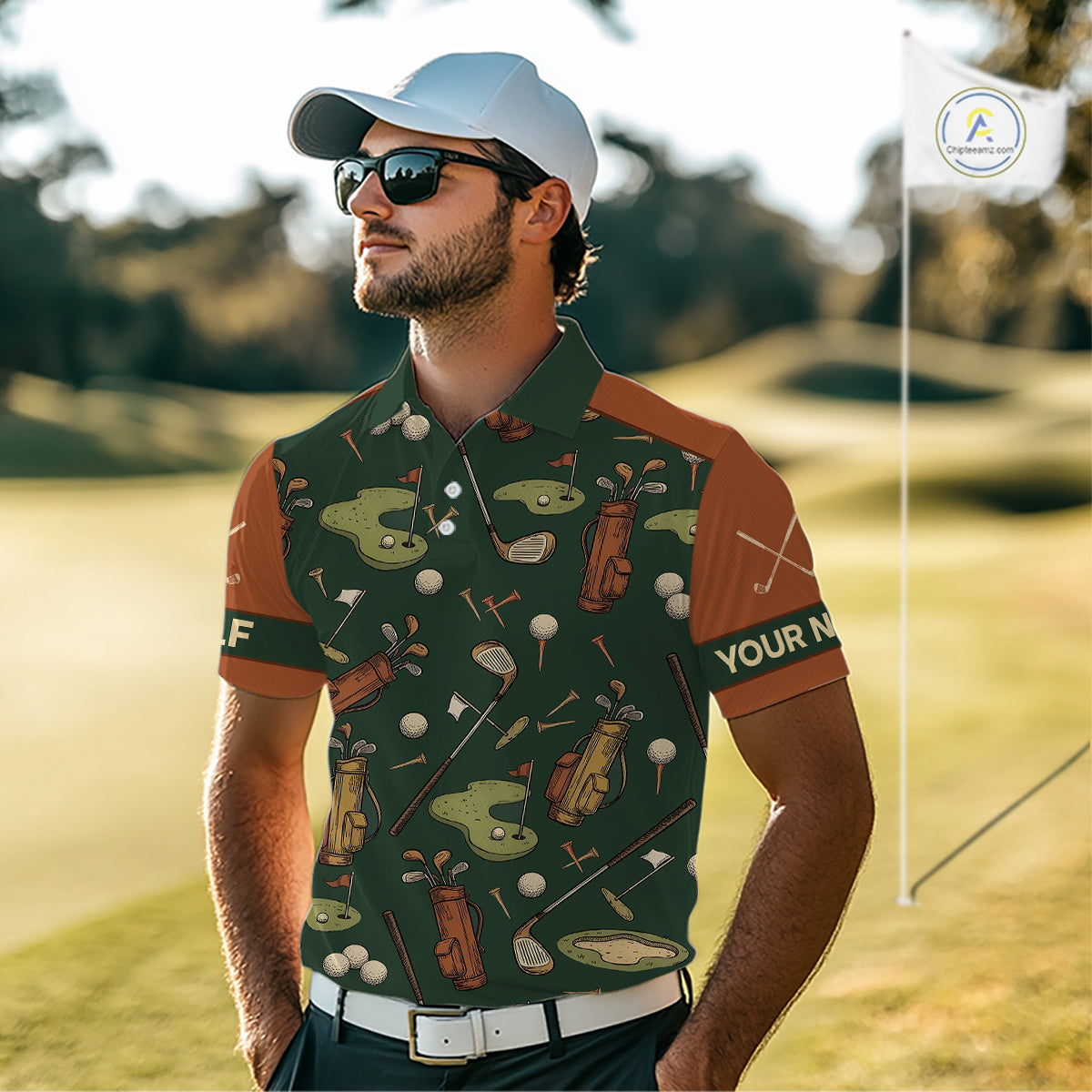 Vintage 1990s Golf Pattern Mens Golf Polo Shirt, Golf Attire For Men, Golfer Gifts|Brown NBT615
