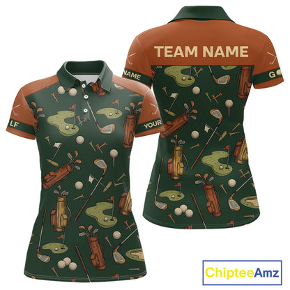 Vintage 1990s Golf Pattern Womens Golf Polo Shirt, Golf Attire For Ladies, Golfer Gifts|Brown NBT615