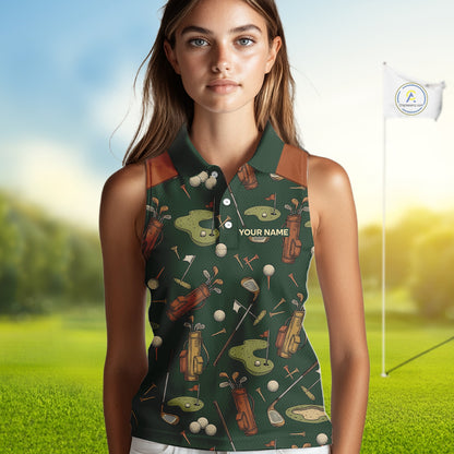 Vintage 1990S Golf Pattern Womens Sleeveless Golf Polo Shirt, Golf Attire For Ladies, Golfer Gifts|Brown NBT615