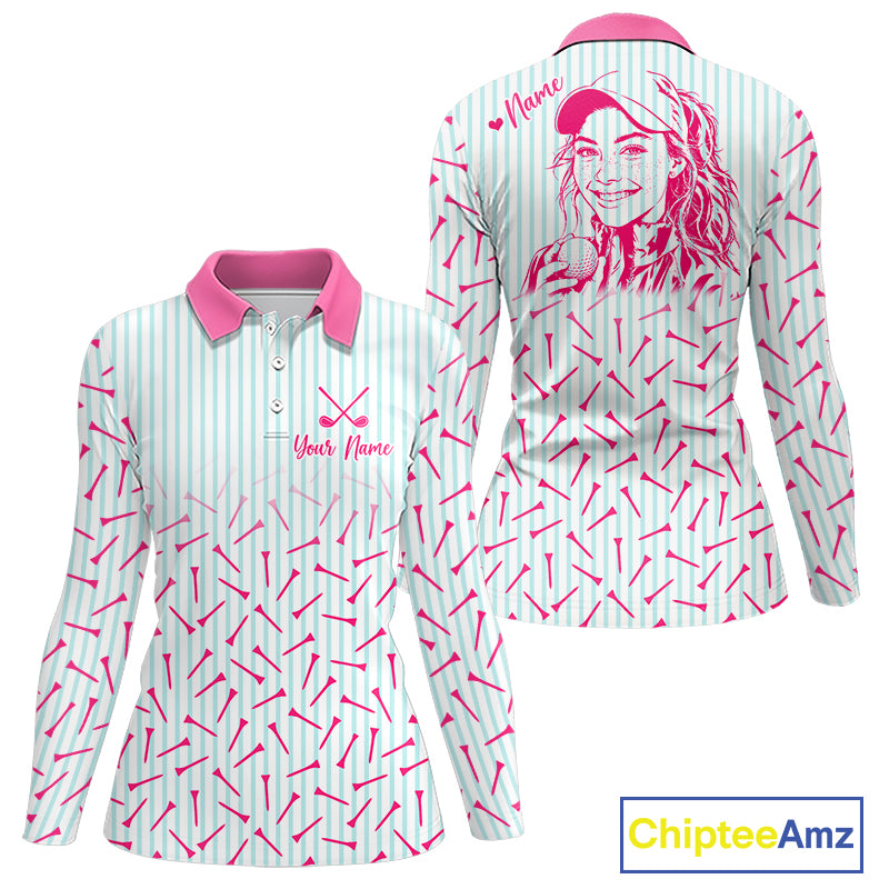 front and back view of personalized golf polo shirt for women with custom face & name