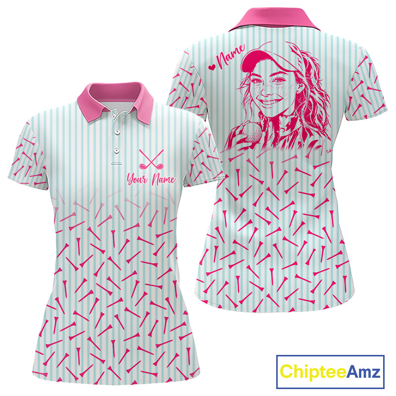 front and back view of personalized golf polo shirt for mom with custom face & name