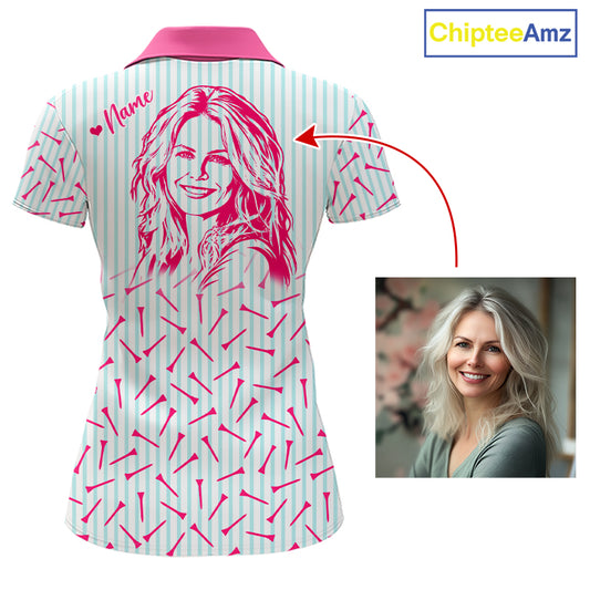 back view of personalized golf polo shirt for ladies with custom face & name