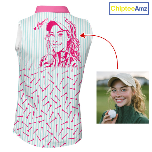 back view of personalized sleeveless golf polo shirt for mom with custom face & name
