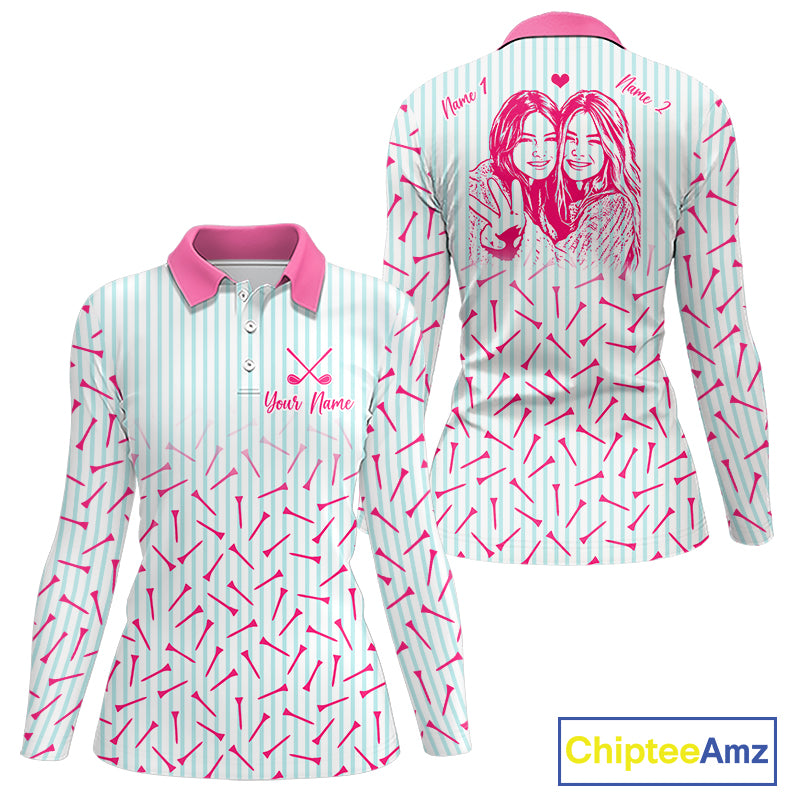 back view of long sleeve personalized best friend golf polo shirt with custom photo & name