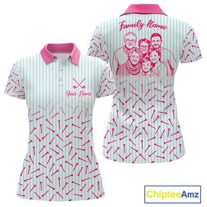 front and back view of woman in custom photo family golf polo shirt, matching family golf outfits