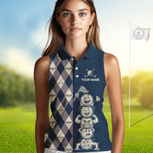 Load image into Gallery viewer, Funny Golf Ball Womens Sleeveless Golf Polo Shirts Custom Blue Argyle Pattern Golf Attire For Ladies, Golfer Gifts NBT627