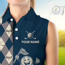 Load image into Gallery viewer, Funny Golf Ball Womens Sleeveless Golf Polo Shirts Custom Blue Argyle Pattern Golf Attire For Ladies, Golfer Gifts NBT627