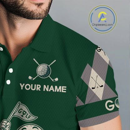 Funny Golf Ball Mens Golf Polo Shirts Custom Green Argyle Pattern Golf Attire For Men, Golfer Gifts NBT628