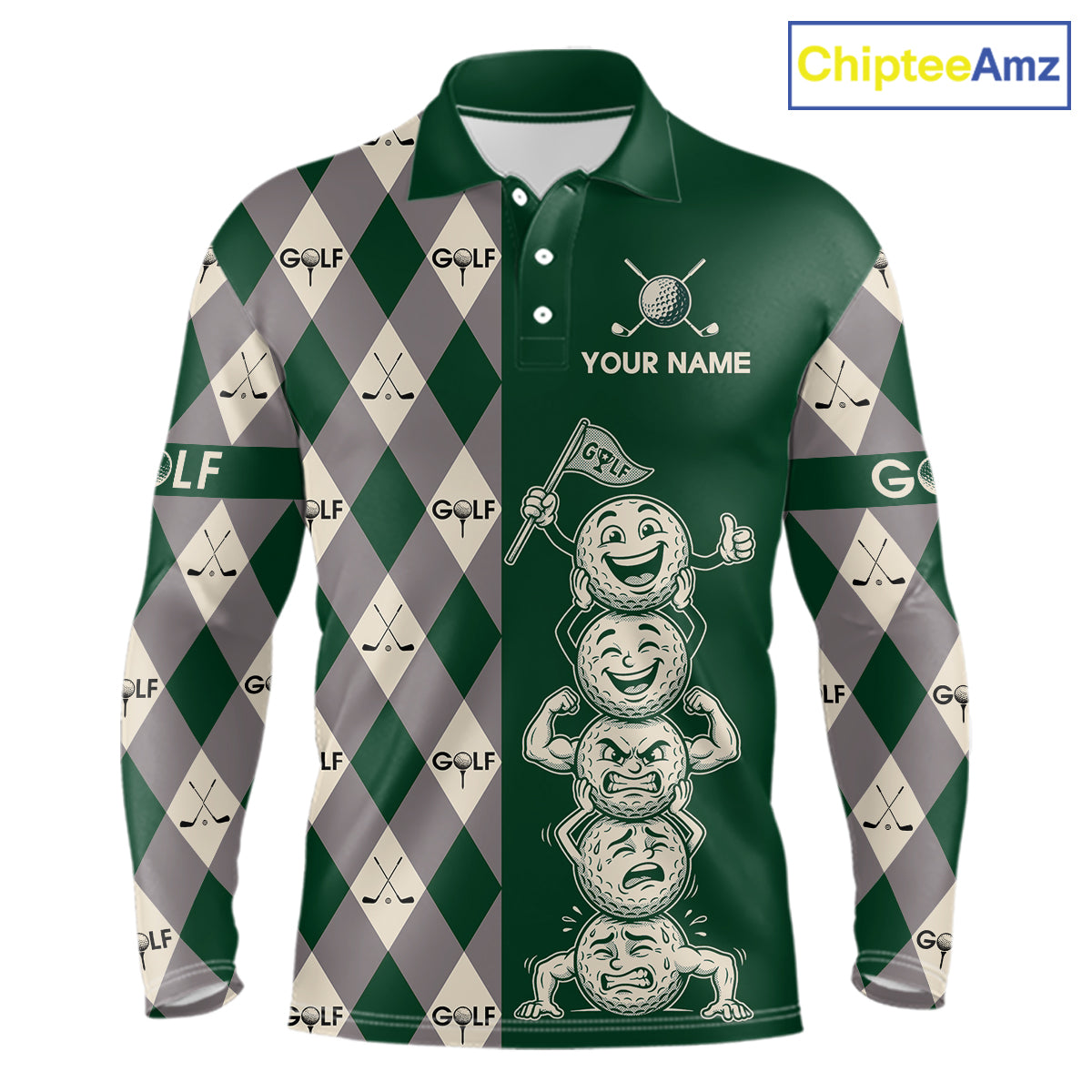 Funny Golf Ball Mens Golf Polo Shirts Custom Green Argyle Pattern Golf Attire For Men, Golfer Gifts NBT628