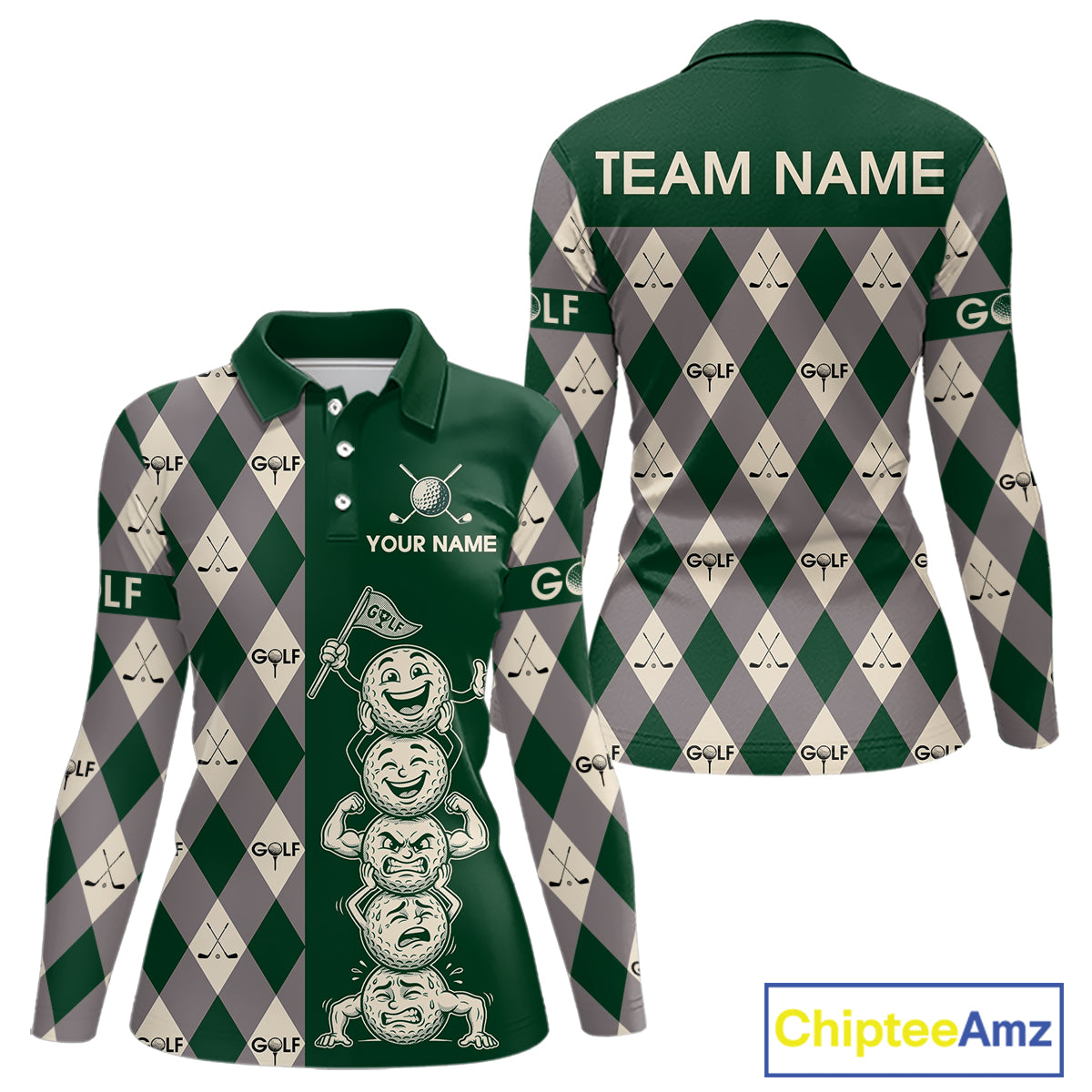 Funny Golf Ball Womens Golf Polo Shirts Custom Green Argyle Pattern Golf Attire For Ladies, Golfer Gifts NBT628