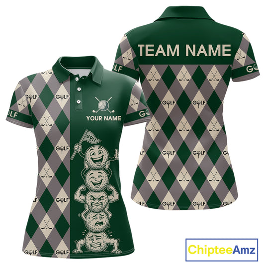 Funny Golf Ball Womens Golf Polo Shirts Custom Green Argyle Pattern Golf Attire For Ladies, Golfer Gifts NBT628
