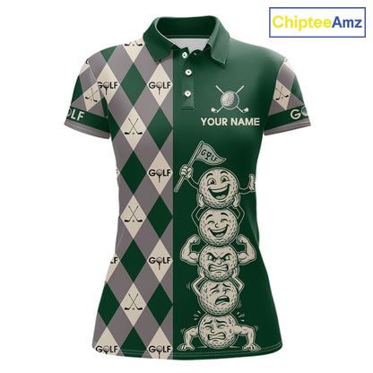 Funny Golf Ball Womens Golf Polo Shirts Custom Green Argyle Pattern Golf Attire For Ladies, Golfer Gifts NBT628