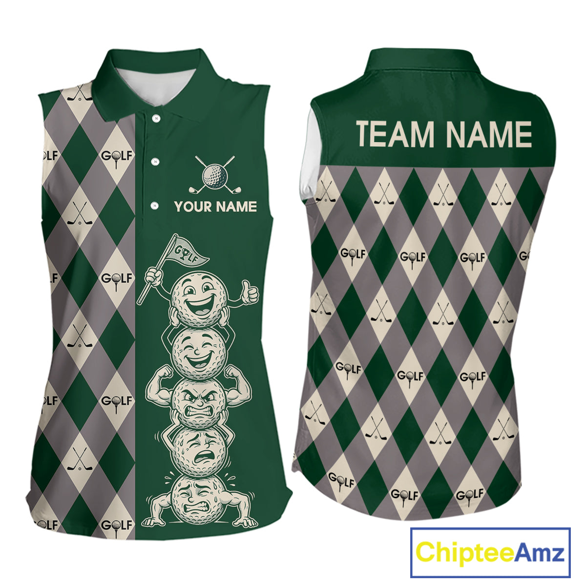 Funny Golf Ball Womens Sleeveless Golf Polo Shirts Custom Green Argyle Pattern Golf Attire For Ladies, Golfer Gifts NBT628