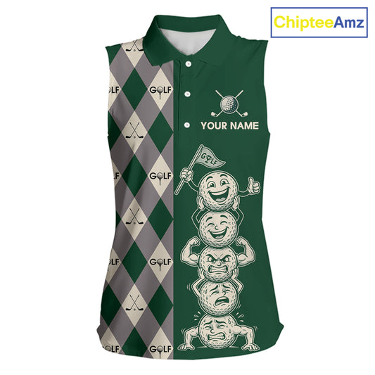 Funny Golf Ball Womens Sleeveless Golf Polo Shirts Custom Green Argyle Pattern Golf Attire For Ladies, Golfer Gifts NBT628