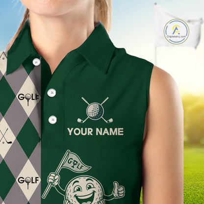 Funny Golf Ball Womens Sleeveless Golf Polo Shirts Custom Green Argyle Pattern Golf Attire For Ladies, Golfer Gifts NBT628