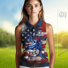 Load image into Gallery viewer, Golfer wearing funny womens sleeveless polo golf shirt American Flag custom shark golf shirt personalized golf gift for women