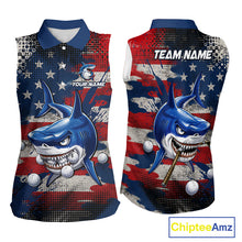 Load image into Gallery viewer, Front and back view funny womens sleeveless polo golf shirt American Flag custom shark golf shirt funny golf gift with personalized name