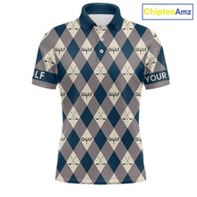 Load image into Gallery viewer, Blue Argyle Plaid Pattern Mens Golf Polo Shirts Custom Golf Attire For Men, Team Golf Shirt NBT636