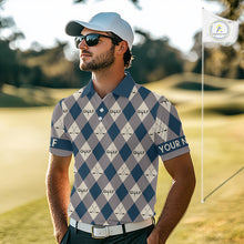 Load image into Gallery viewer, Blue Argyle Plaid Pattern Mens Golf Polo Shirts Custom Golf Attire For Men, Team Golf Shirt NBT636