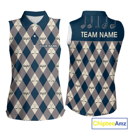 Blue Argyle Plaid Pattern Womens Sleeveless Golf Polo Shirts Custom Golf Attire For Ladies, Team Golf Shirt NBT636