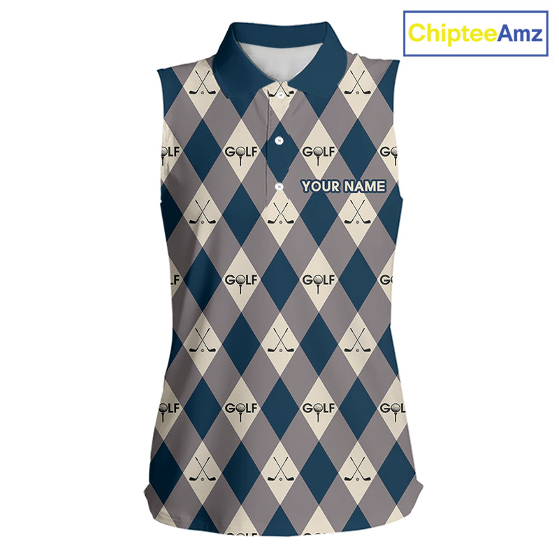 Blue Argyle Plaid Pattern Womens Sleeveless Golf Polo Shirts Custom Golf Attire For Ladies, Team Golf Shirt NBT636