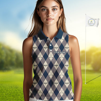 Blue Argyle Plaid Pattern Womens Sleeveless Golf Polo Shirts Custom Golf Attire For Ladies, Team Golf Shirt NBT636