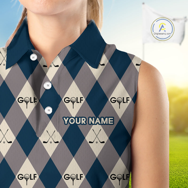 Blue Argyle Plaid Pattern Womens Sleeveless Golf Polo Shirts Custom Golf Attire For Ladies, Team Golf Shirt NBT636