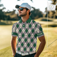 Load image into Gallery viewer, Green Argyle Plaid Pattern Mens Golf Polo Shirts Custom Golf Attire For Men, Team Golf Shirt NBT637