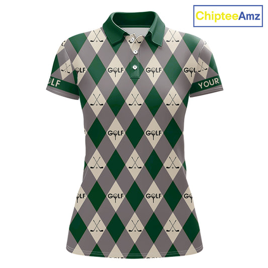 Green Argyle Plaid Pattern Womens Golf Polo Shirts Custom Golf Attire For Ladies, Team Golf Shirt NBT637