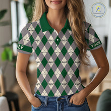 Load image into Gallery viewer, Green Argyle Plaid Pattern Womens Golf Polo Shirts Custom Golf Attire For Ladies, Team Golf Shirt NBT637