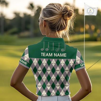 Green Argyle Plaid Pattern Womens Golf Polo Shirts Custom Golf Attire For Ladies, Team Golf Shirt NBT637