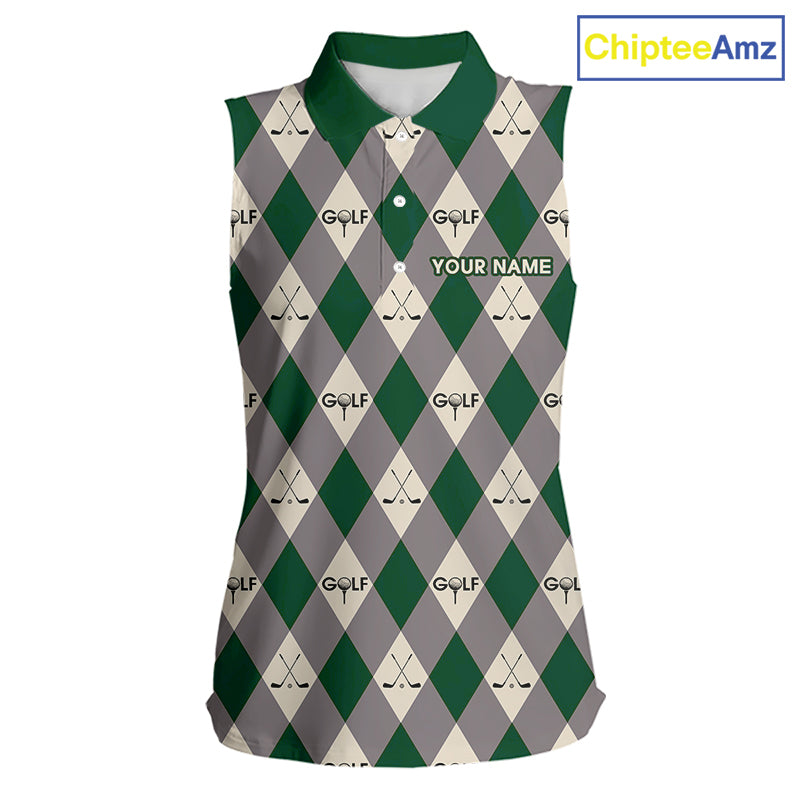 Green Argyle Plaid Pattern Womens Sleeveless Golf Polo Shirts Custom Golf Attire For Ladies, Team Golf Shirt NBT637