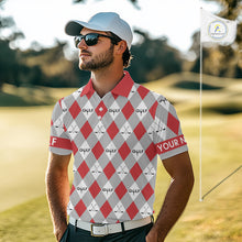 Load image into Gallery viewer, Red Argyle Plaid Pattern Mens Golf Polo Shirts Custom Golf Attire For Men, Team Golf Shirt NBT638