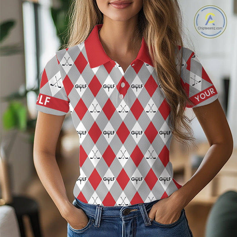 Red Argyle Plaid Pattern Womens Golf Polo Shirts Custom Golf Attire For Ladies, Team Golf Shirt NBT638