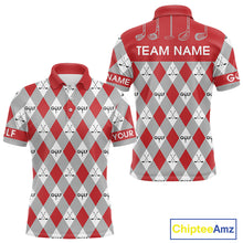 Load image into Gallery viewer, Red Argyle Plaid Pattern Mens Golf Polo Shirts Custom Golf Attire For Men, Team Golf Shirt NBT638