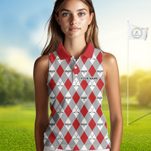 Load image into Gallery viewer, Red Argyle Plaid Pattern Womens Sleeveless Golf Polo Shirts Custom Golf Attire For Ladies, Team Golf Shirt NBT638
