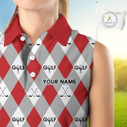 Red Argyle Plaid Pattern Womens Sleeveless Golf Polo Shirts Custom Golf Attire For Ladies, Team Golf Shirt NBT638